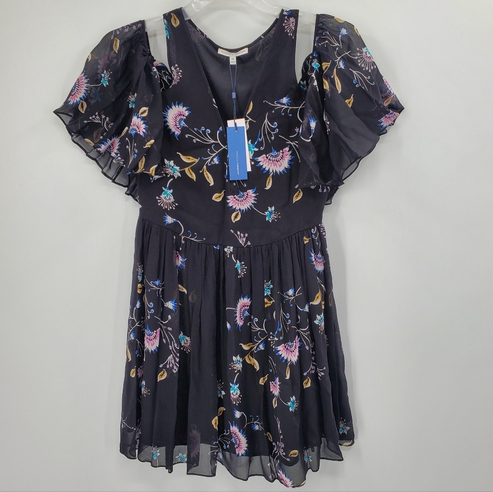 Women's Rebecca Minkoff Dress Floral Cold Shoulder Flutter V-Neck Size XS‎ NEW